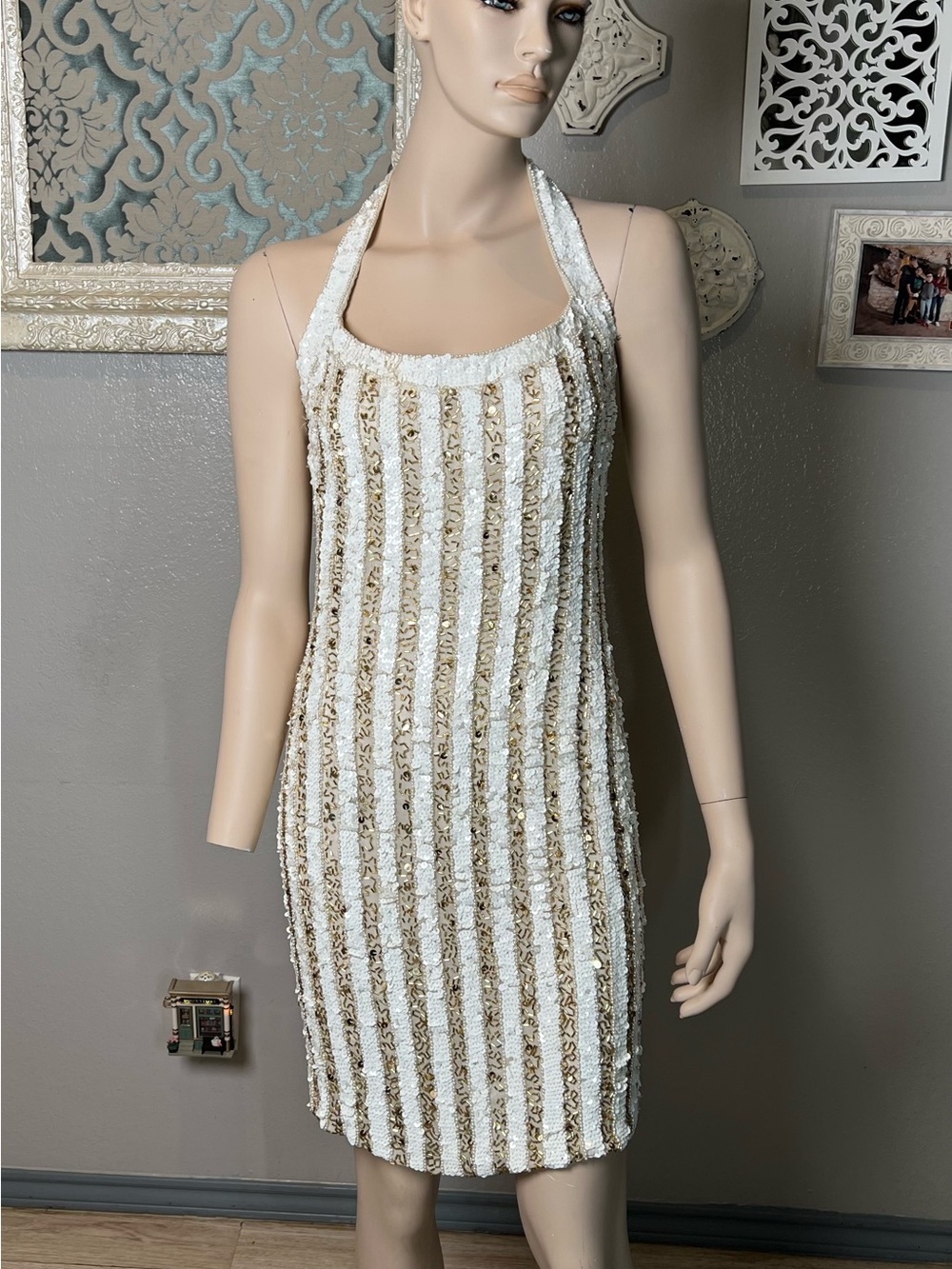 Vintage Sequin and beaded Halter Stripe Dress in White & Gold